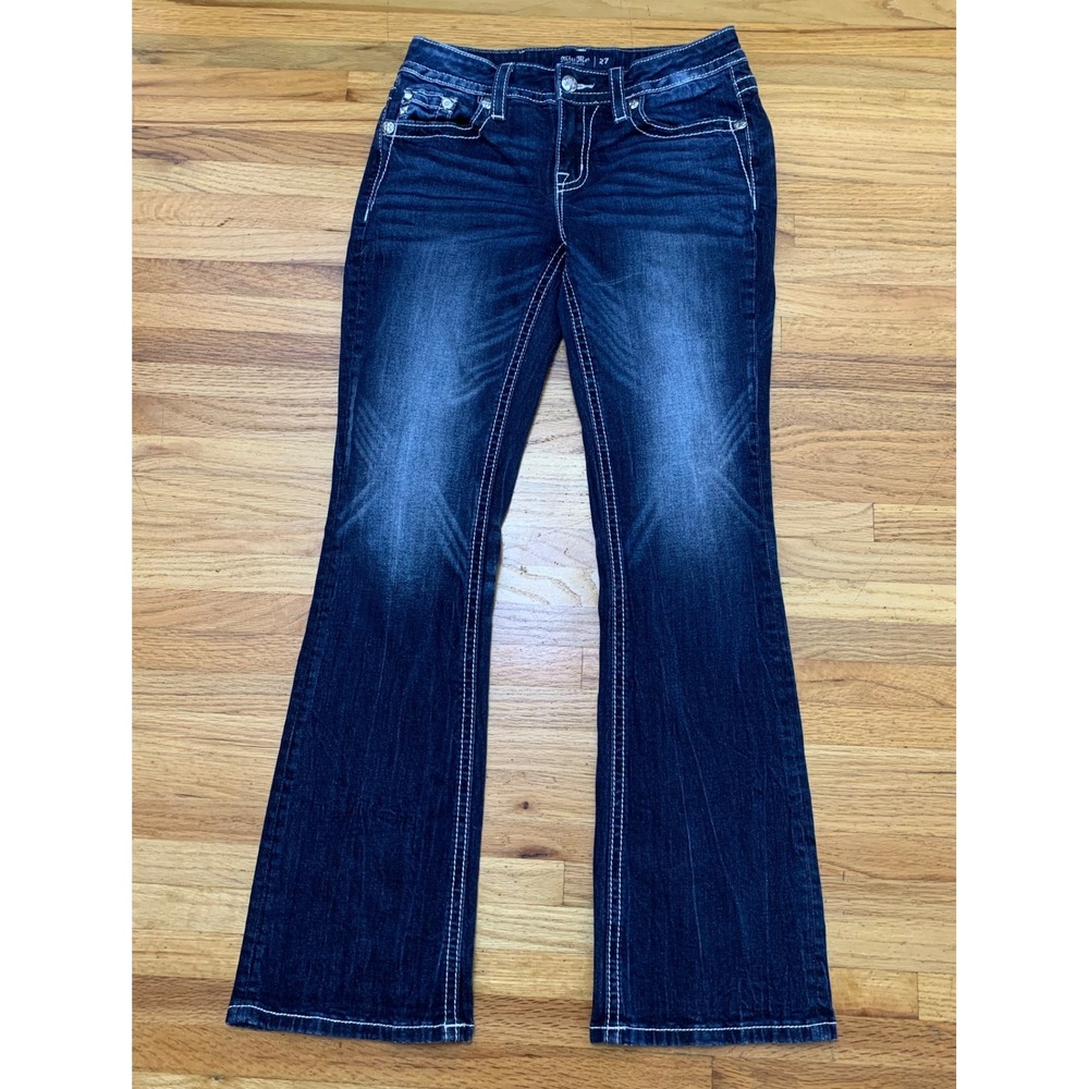 Miss Me Low Rise Y2k Bootcut Jeans Dark Wash Horseshoe Star Sequins 27